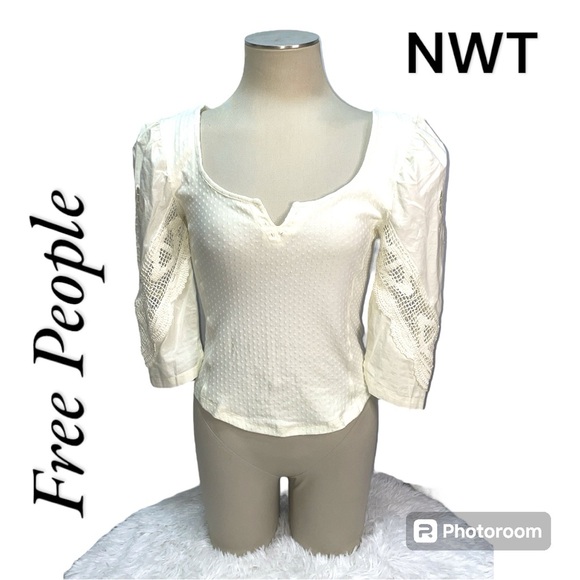 Free People NWT Moonglow Brunch Date Henley Cream Ivory Blouse Crop Top Size S - Picture 1 of 12